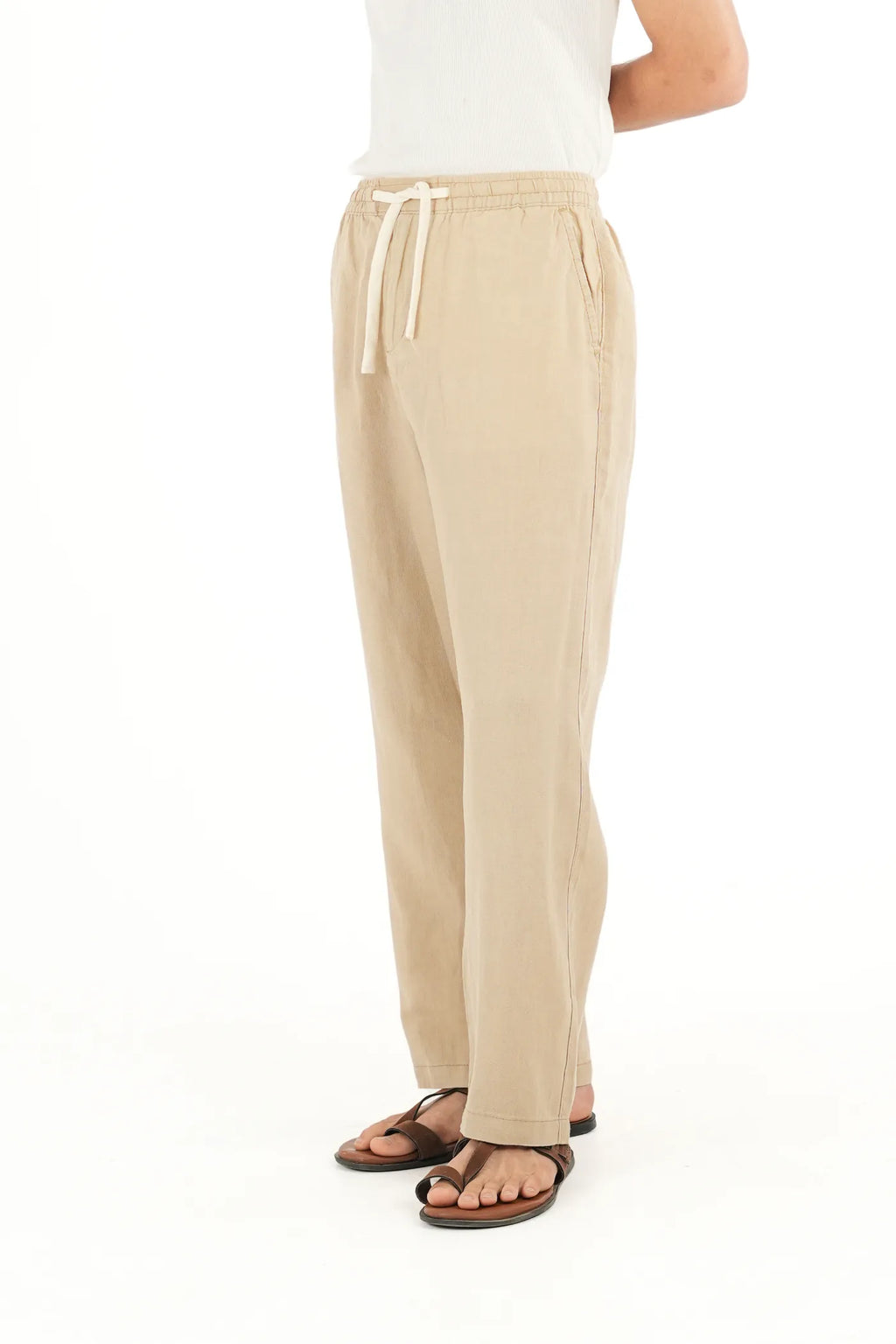 100% LINEN KHAKI DRAWSTRING TROUSERS