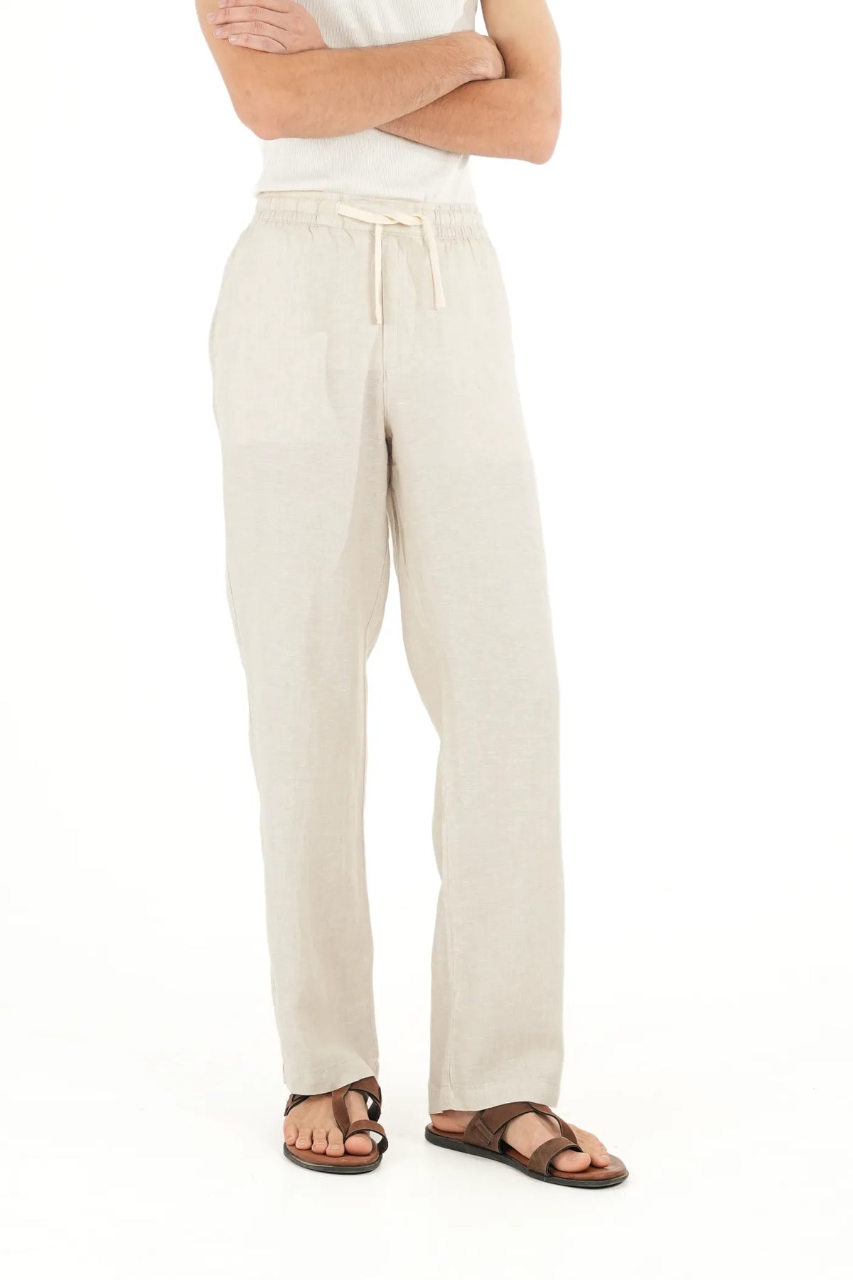 100% LINEN LIGHT BEIGE DRAWSTRING TROUSERS