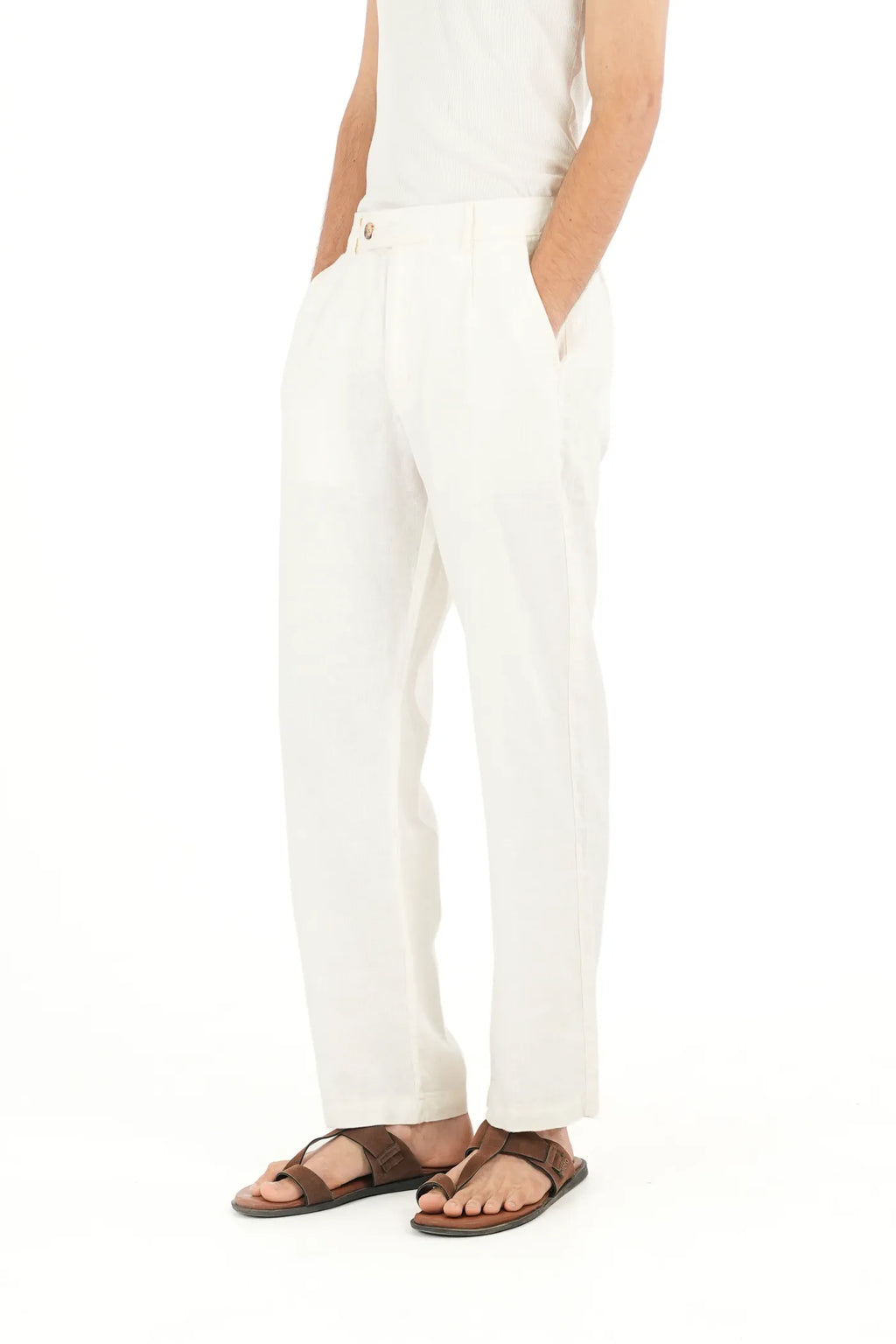 100% LINEN OFF-WHITE BUCKLE UP PANTS