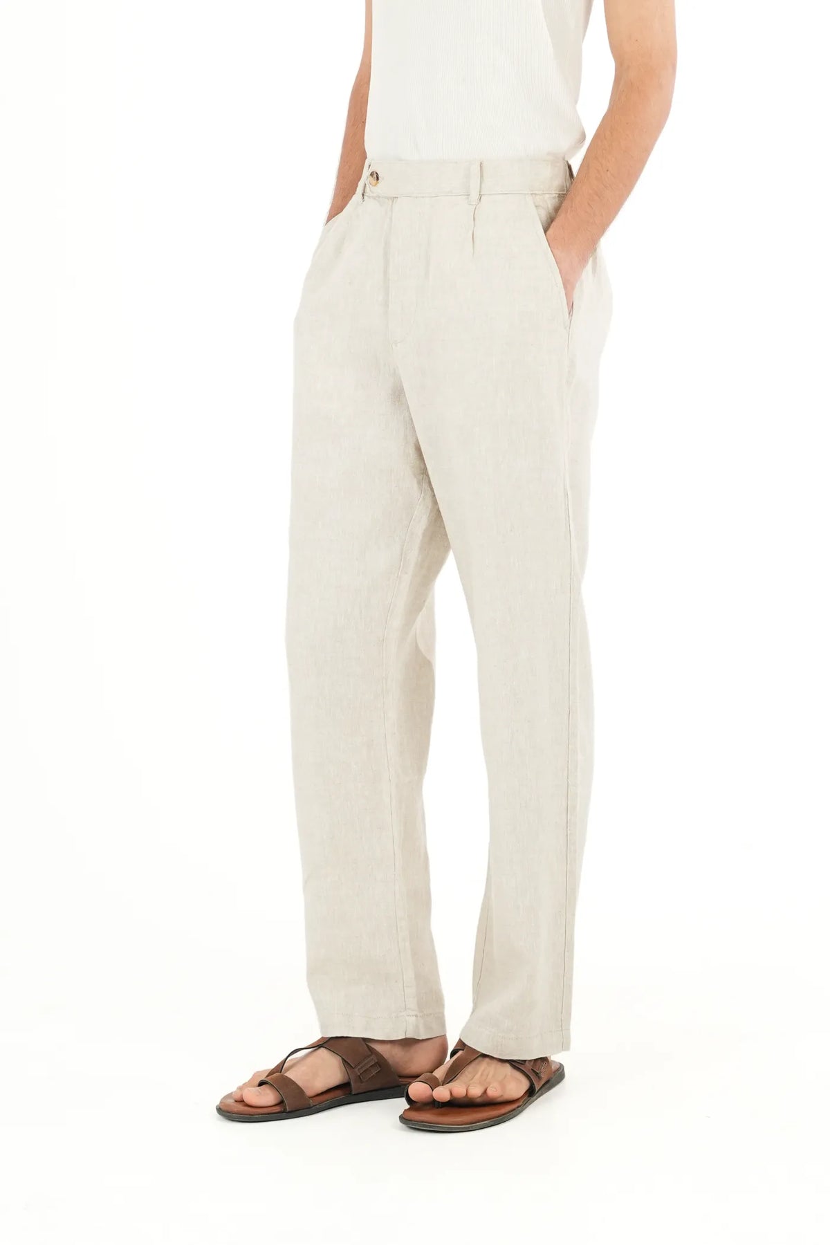 100% LINEN TEXTURE BEIGE BUCKLE UP PANTS