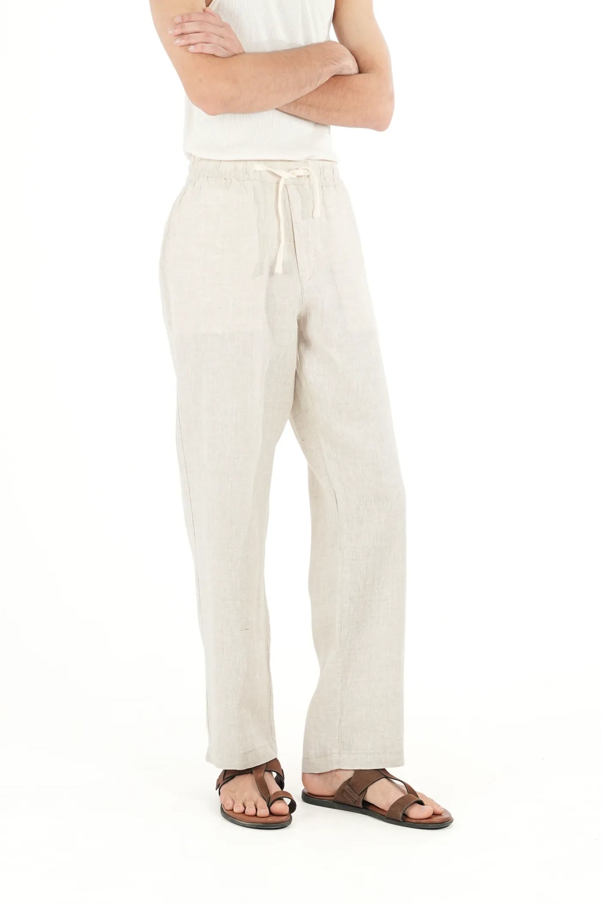 100% LINEN TEXTURE BEIGE DRAWSTRING TROUSERS