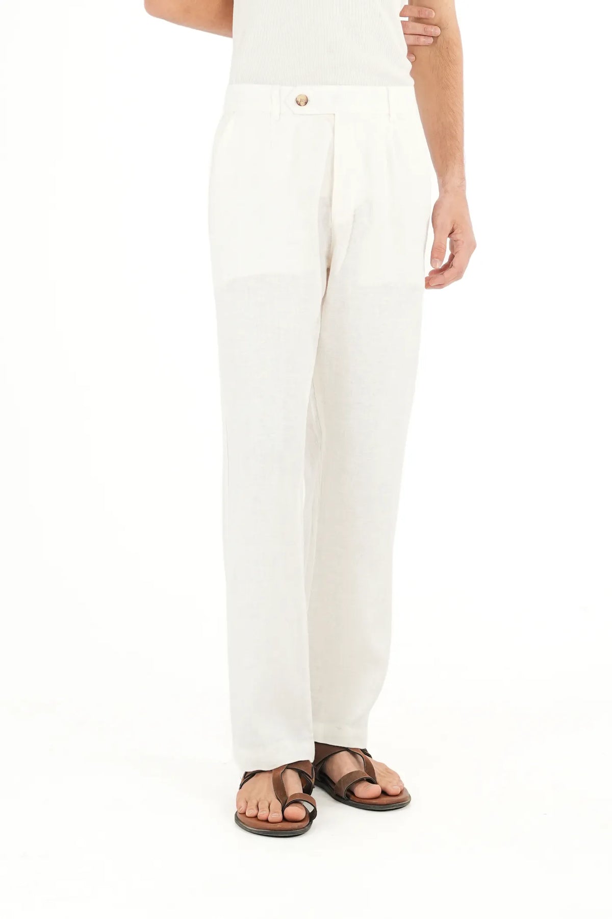 100% LINEN WHITE BUCKLE UP PANTS