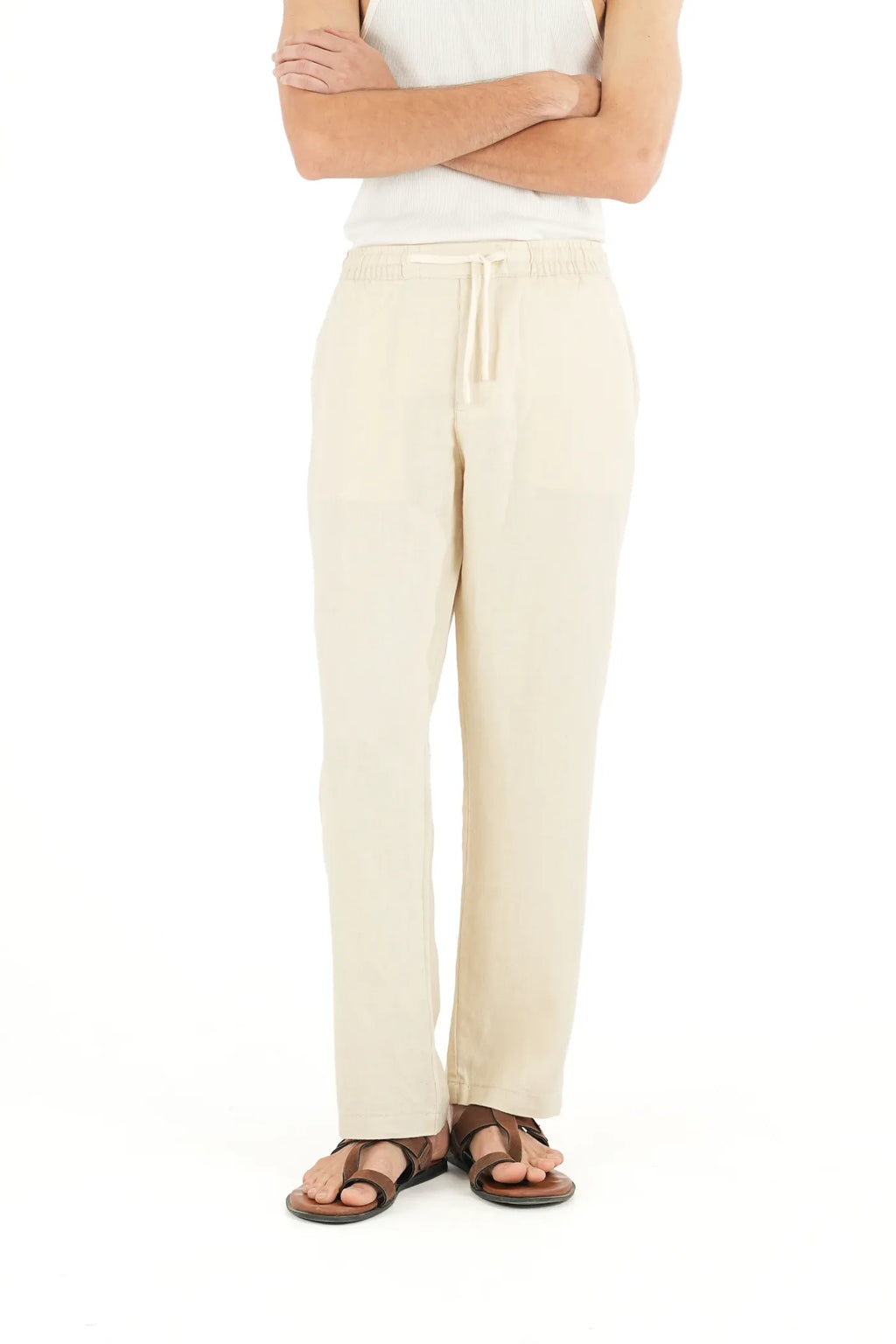 100% LINEN BEIGE DRAWSTRING TROUSERS